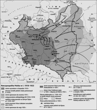 Zadanie 21. Na podstawie mapy i wiedzy własnej wykonaj polecenia. Źródło: www.nowaera.pl A) Podaj nazwę państwa, z którym Polska walczyła o granice w latach 1919-1921.