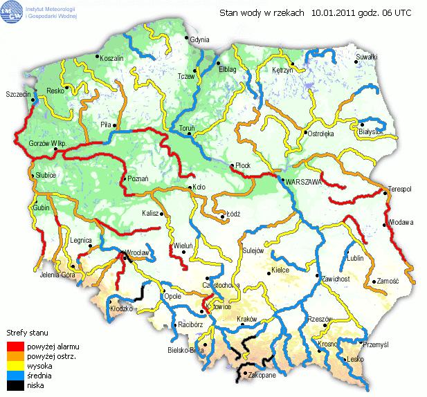 System monitoringu hydrologicznego w Polsce Stan wód powierzchniowych/rzek, IMGW (10.01.