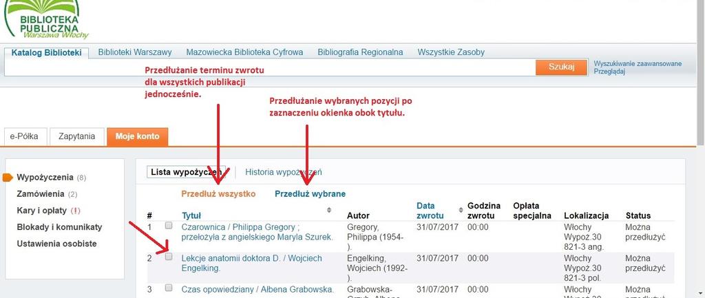 W Primo nie ma możliwości zmiany PIN-u! W Konto Primo istnieje możliwość przedłużenia terminu zwrotu zarówno dla całej grupy wypożyczonych zbiorów jak i dla wybranych pozycji.