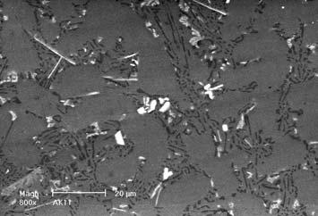 90 Rys. 2. Mikrografie skaningowe kompozytu in situ na bazie stopu Al-Si ;odlew piaskowy, pow. 800 i 3000x. Fig. 2. Microstructure of composite in situ bases at Al.-Si alloy, sand mould casting; magn.