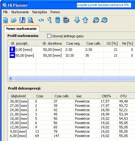 Poniżej zamieszczam dekompresję wygenerowaną przy pomocy programu HLPlanner przy współczynniku bezpieczeństwa 0% model dekompresyjny VPM-B W przypadku, kiedy mielibyśmy ze sobą tlen,