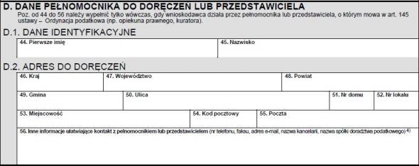 W tej części ORD-IN należy podać w pozycjach od 44 do 56 dane identyfikacyjne pełnomocnika lub przedstawiciela, o którym mowa w art.