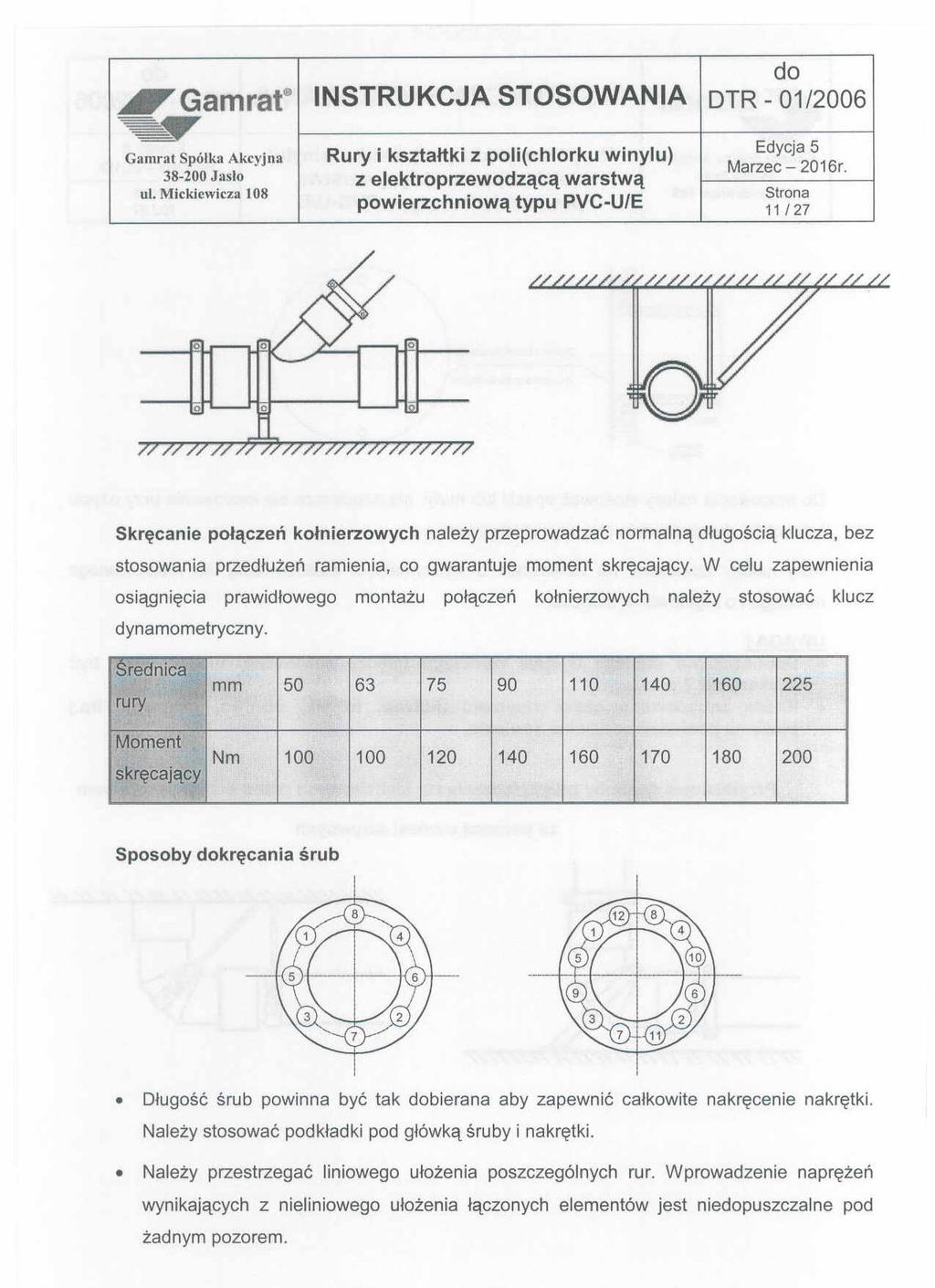 Gamrat INSTRUKCJA STOSOWANIA DTR - 01/2006 Gamrai Spółka Akcyjna Rury i kształtki z poli(chlorku winylu) 38-200 Jasio Z elektroprzewodzącą warstwą Mickiewicza ul.