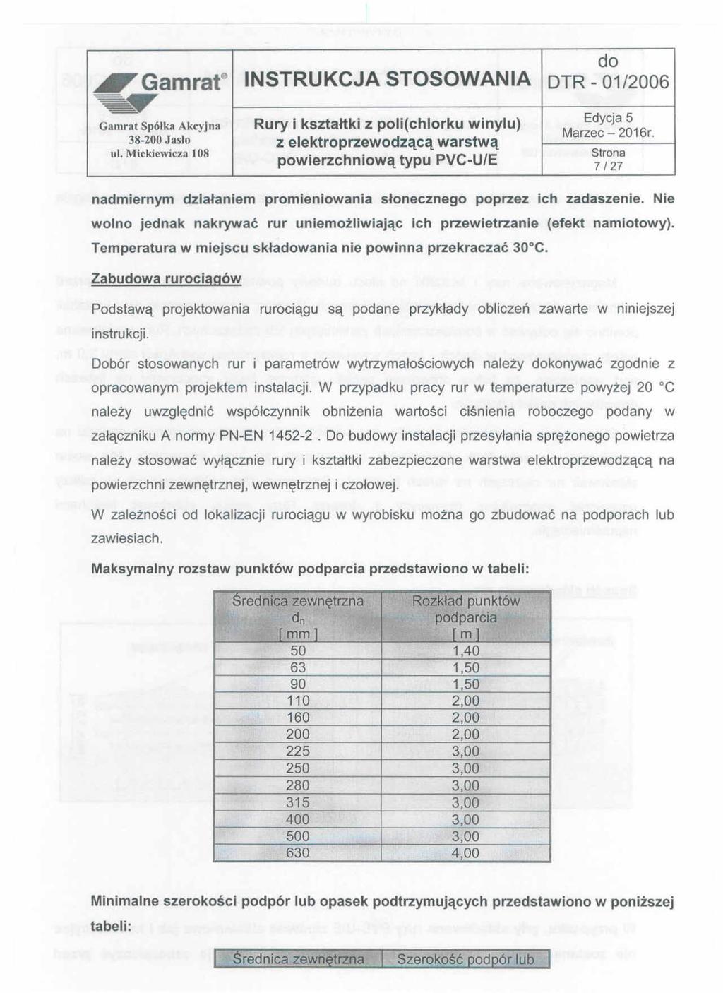 Gamrat INSTRUKCJA STOSOWANIA DTR - 01/2006 Gamrat Spółka Akcyjna Rury i kształtki z poli(chlorku winylu) 38-200 JasIo Z elektroprzewodzącą warstwą ul.
