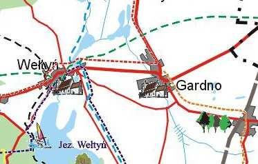 Mapa: szlaki turystyczne w obszarze miejscowości Gardno (źródło: www.gryfino.
