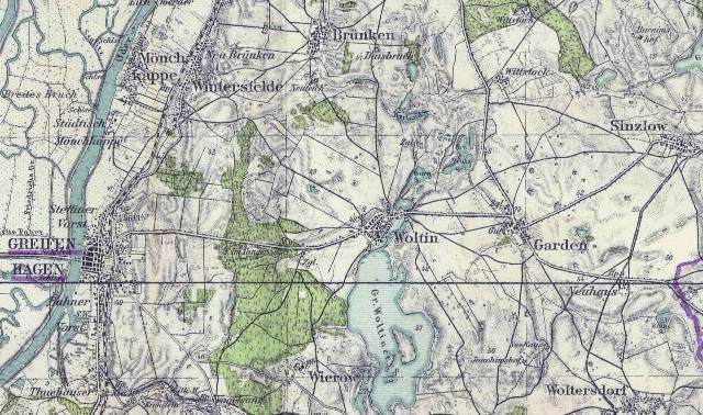 Mapa: Gardno, oznaczone jako Garden, na niemieckiej mapie z roku 1940 Po 1945 roku Gardno utrzymało charakter wsi