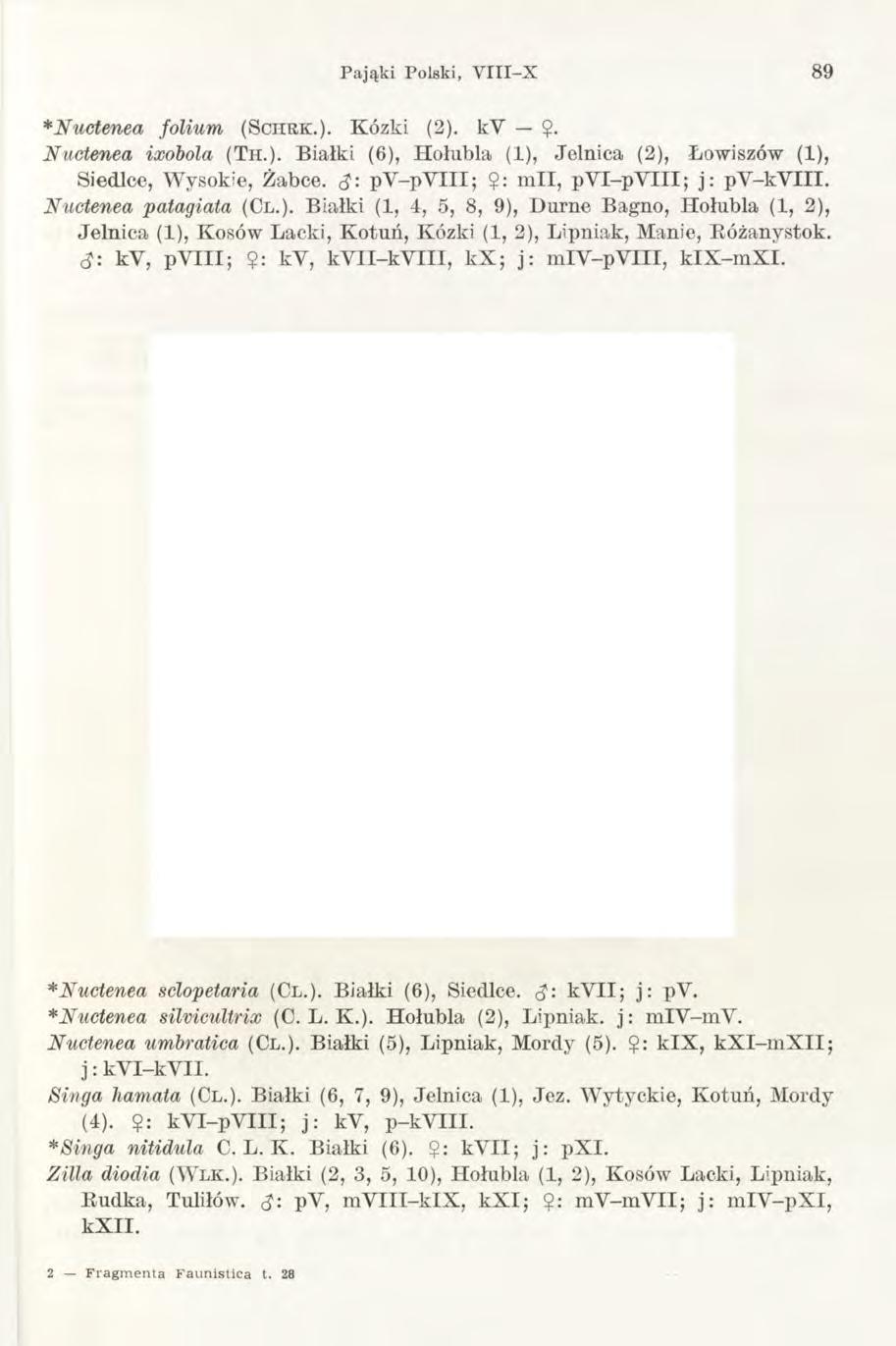 Pająki Polski, Y III-X 89 *Nuetenea folium (S c iir k.). Kózki (2). kv?. Nuctenea ixobola (Th.). Białki (6), Hołubią (1), Jelnica (2), Łowiszów (1), Siedlce, Wysokie, Żabce.