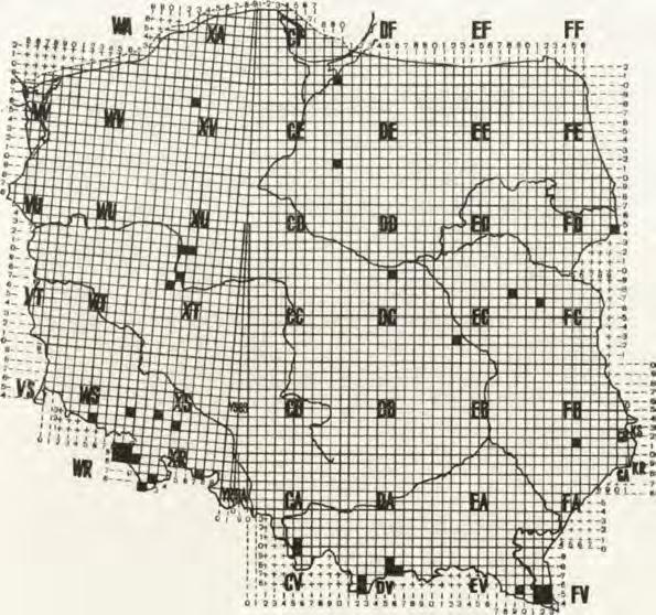 Białki (5), Hołubią (3), Jelnica (1), Lipniak, Manie: <J: k Y II; $: m V II-kIX ; j: kiy-py, ky II-pX, kx I. Rys. 6. Krajowe stanowiska Bolypbantes alticeps (S u n d.). Tetragnatha 'pinicola L. K. Białki (7, 8, 9), Jelnica (1), Lipniak, Mordy (3, 5).
