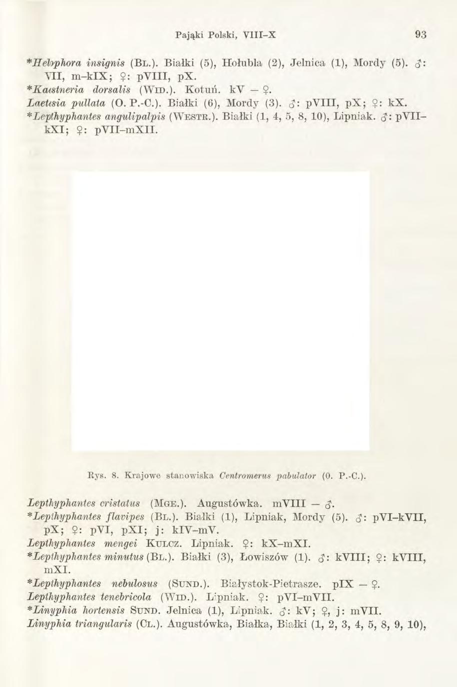 Pająki Polski, V III-X 93 *Ilebphora insignis (Bl.). Białki (5), Hołubią (2), Jelnica (1), Mordy (5). J : "VII, m -k IX ; $: py III, px. *Ka<stneria dorsalis (W i d.). Kotuń. kv?. LaeUsia pullata (O.