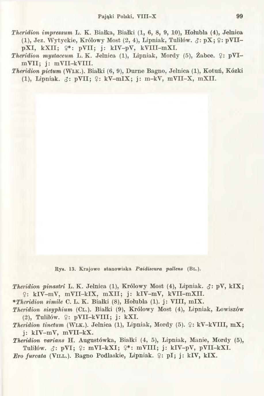 Pająki Polski, V III- X 99 Theridion impressum L. K. Białka, Białki (1, 6, 8, 9, 10), Hołubią (4), Jelnica (1), Jez. W ytyckie, Królowy Most (2, 4), Lipniak, Tuliłów. px ; $: p Y IIp X I, k X II;?