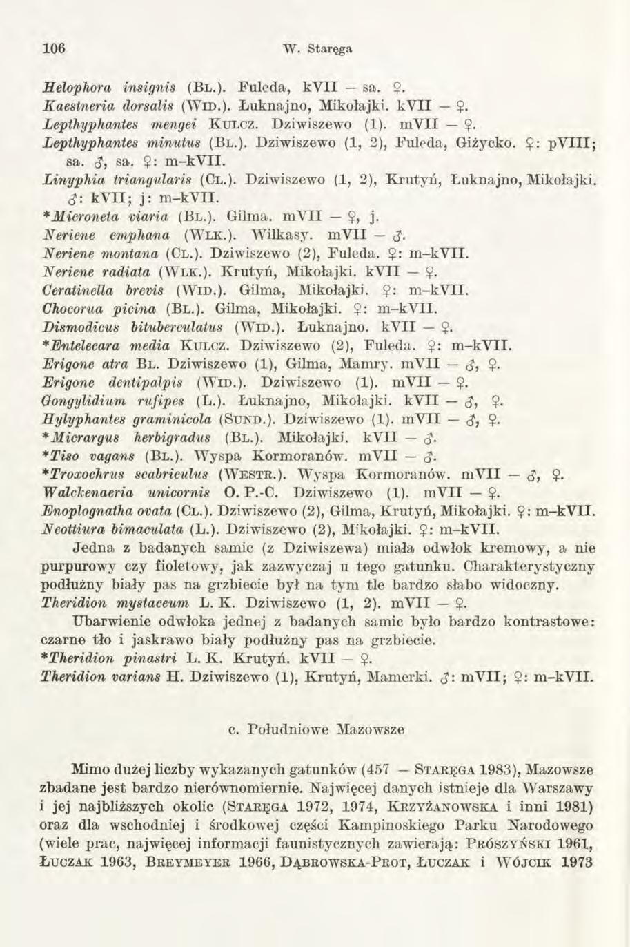 106 W. Staręga Eelophora insignis (B l.). Fuleda, kv II sa. $. Kaestneria dorsalis (W i d.). Łuknajno, Mikołajki. kv II $. Lepthyphantes mengei K ulcz. Dziwiszewo (1). m Y II $.