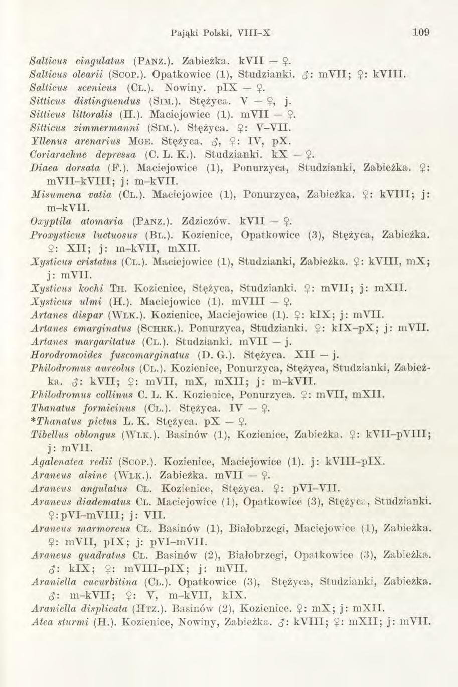 Pająki Polski, V III-X 109 Salticus cingulatus ( P a n z.). Zabieżka. kv II $. Salticus olearii (Scop.). Opatkowice (1), Studzianki. <$: m Y II; $: ky III. Salticus scenicus (Cl.). Nowiny. p IX?