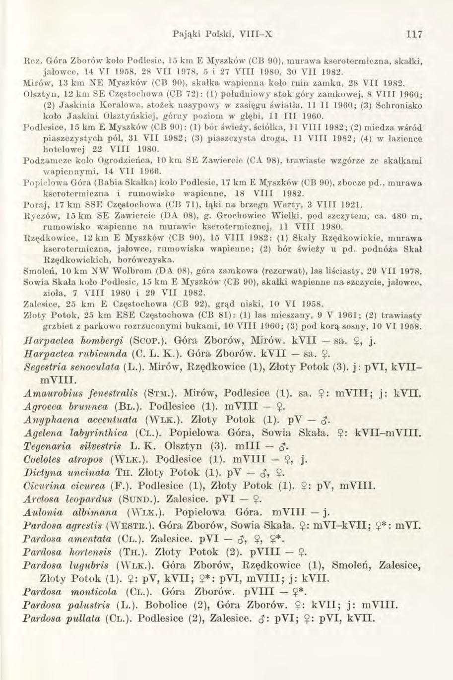 Pająki Polski, V III-X 117 Rez. G óra Zborów koło Podlesie, 15 km E Myszków (CB 90), m uraw a kseroterm iczna, skałki, jałow ce, 14 V I 1958, 28 V II 1978, 5 i 27 V III 1980, 30 V II 1982.