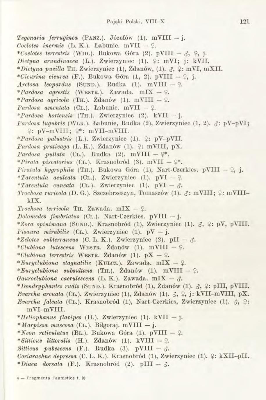 Pająki Polski, V III-X 1 21 Tegenaria ferruginea (Panz.). Józefów (1). m V III j. Coelotes inermis (L. K.). Łabunie. inv II $. *Coelotes terrestris (W i d.). Bukowa Góra (2). p V III <,?, j.