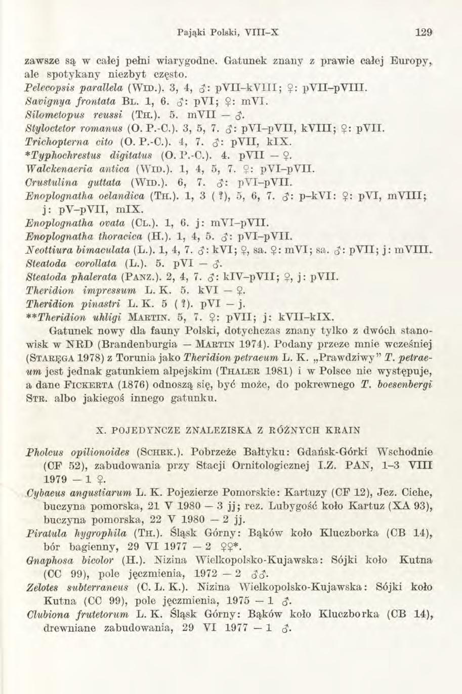 Pająki Polski, Y III-X 129 zawsze są w całej pełni wiarygodne. Gatunek znany z prawie całej Europyr ale spotykany niezbyt często. Pelecopsis parallela (W i d.).