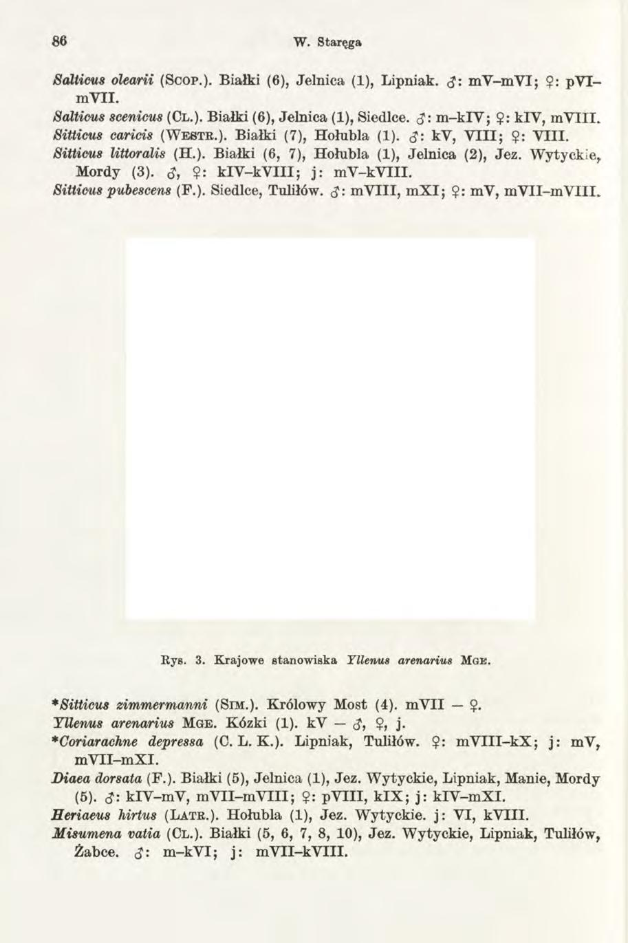 86 W. Staręga Salticus olearii (S c o p.). Białki (6), Jelnica (1), Lipniak. mv-m VI;?: py I- m VII. Salticus scenicus (Cl.). Białki (6), Jelnica (1), Siedlce. m -kiv ; $: kiv, m Y III.