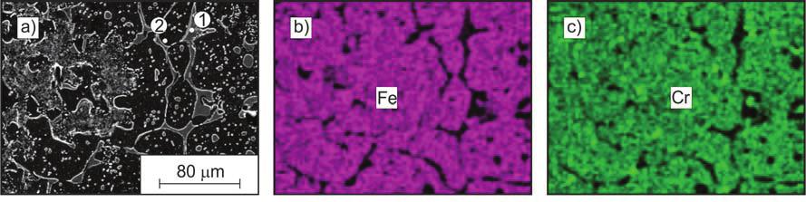 powierzchniowe żelaza (b), chromu (c), niklu (d) i cyny (e). SEM z przystawką EDS Fig. 6. The microstructure of the cross-section, steel - corrosion products (at a distance of ca. 3.