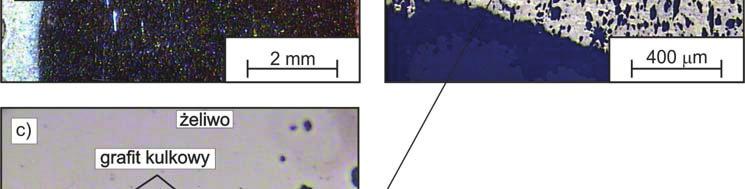 The macrostructure (a) and microstructures (b), (c) of the cross-section of the ferrite spheroidal cast iron - tin layer.
