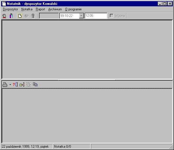 Notatnik Dyspozytorski asix5 Belka tytułowa okna zawiera nazwę zalogowanego dyspozytora. Pasek statusu zawiera aktualną datę i czas oraz liczbę notatek znajdujących się w bazie notatek.
