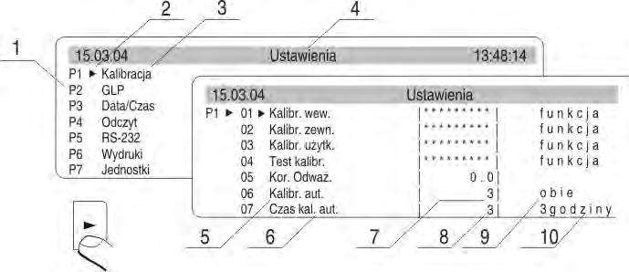 Ustawienie automatycznej kalibracji 1 numer głównego menu 2 znacznik wyboru funkcji 3 nazwa funkcji 4 nazwa aktualnie wykonywanej czynności 5 wybór rodzaju czynnika do autokalibracji (czas / temp.