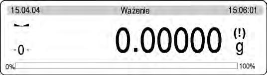 Po powrocie do ważenia z procedurą zapisu zmian w menu na wyświetlaczu pojawi się dodatkowy symbol (!). Od tej chwili wyświetlana masa będzie korygowana ze względu na wypór powietrza i gęstość próbki.