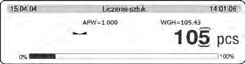 Ustaw masę wzorca i naciśnij przycisk ENTER lub przesuń znacznik do pola 07 Start i naciśnij przycisk STRZAŁKA W PRAWO. Wyświetlacz uaktywni funkcje zliczania detali.