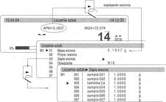 Ustaw znacznik obok pola i wpisz nazwę ważonych elementów. Naciśnij przycisk Enter (zapis nazwy) oraz Enter (zapis wartości). Obok nazwy zostanie wpisana masa pojedynczego detalu.