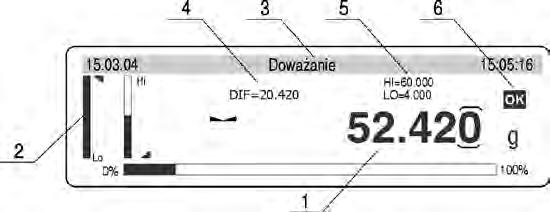 16.2. Doważanie Doważanie polega na precyzyjnym zważeniu próbki przy ustawionych progach doważania. Zadaniem progów jest wizualizacja (boczne bargrafy) oraz kontrola naważania.