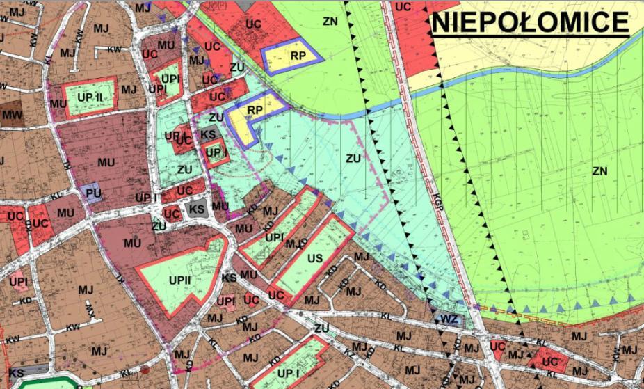 W miejscowym planie zagospodarowania przestrzennego Gminy Niepołomice obszar A Miasto Niepołomice, uchwała NR XXXII/502/05 Rady Miejskiej w Niepołomicach z dnia 12.04.