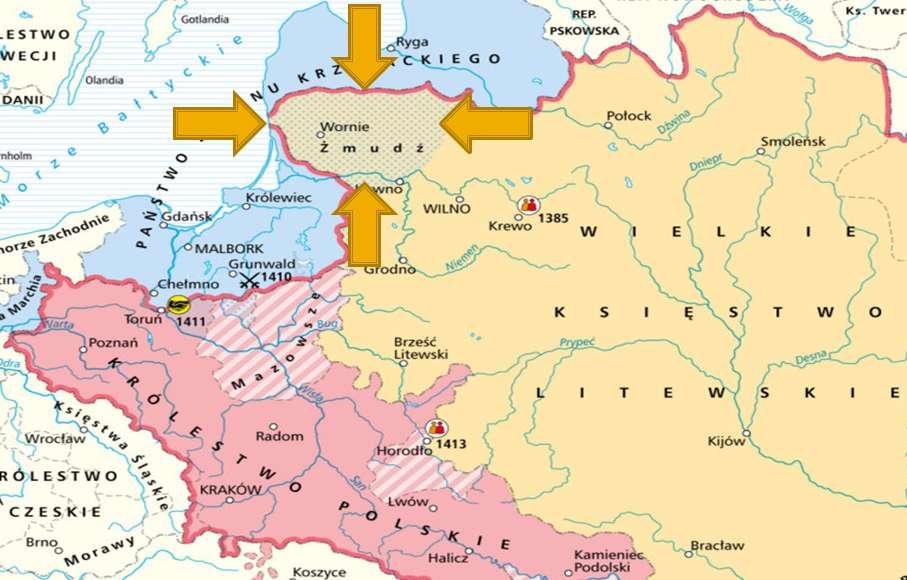 Największym zagrożeniem dla Litwy byli Krzyżacy, którym zależało na połączeniu Prus i Inflant, między którymi leżała Żmudź.