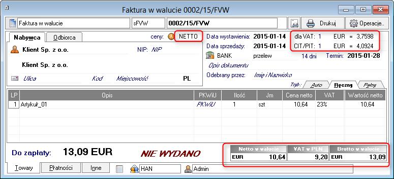 kontrahenta lub w rodzaju dokumentów sprzedaży. Aby zmienić rodzaj ceny z NETTO na BRUTTO, należy kliknąć na ten napis w nagłówku dokumentu.