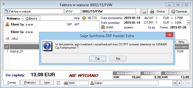 4.4 Zmiana kursu dla CIT/PIT Zmiana kursu CIT/PIT nie wymaga ani edycji faktury, ani wystawiania do niej korekty. Wystarczy w dokumencie ustawić kursor w polu kursu CIT/PIT i kliknąć na przycisk.