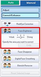 Korzystanie z funkcji rozjaśniania twarzy Strona 184 z 487 3. Kliknij przycisk Ręczne (Manual) i opcję Popraw/uwydatnij (Correct/Enhance). 4. Kliknij przycisk Rozjaśnianie twarzy (Face Brightener).