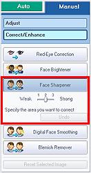 Korzystanie z funkcji Wyostrzanie twarzy Strona 187 z 487 4. Kliknij przycisk Wyostrzanie twarzy (Face Sharpener).