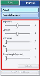Regulacja obrazów Strona 195 z 487 Kontrast (Contrast) Ostrość (Sharpness) Zamazanie (Blur) Usuwanie efektu prześwitywania (Show-through Removal) Kliknij przycisk Domyślne (Defaults), aby wyzerować