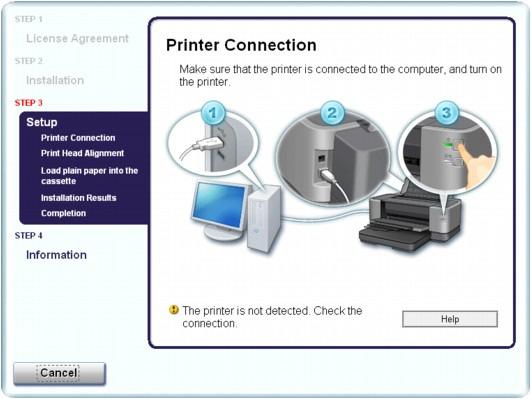Nie można zainstalować sterownika drukarki Strona 372 z 487 Jeśli nie możesz przejść za ekran Połączenie z drukarką (Printer Connection), upewnij się, że kabel USB jest dobrze podłączony do gniazda