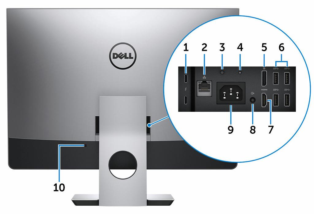 Tył 1 Porty Thunderbolt 3 (USB Type-C) (2) Obsługuje standardy USB3.1 Gen2, DisplayPort1.2, Thunderbolt3, a ponadto umożliwia podłączenie wyświetlacza zewnętrznego za pomocą adaptera.