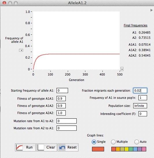 Parametry symulacji Początkowe częstości alleli wyspy p=0; q=1 ląd p=1; q=0 Tempo migracji: 2%