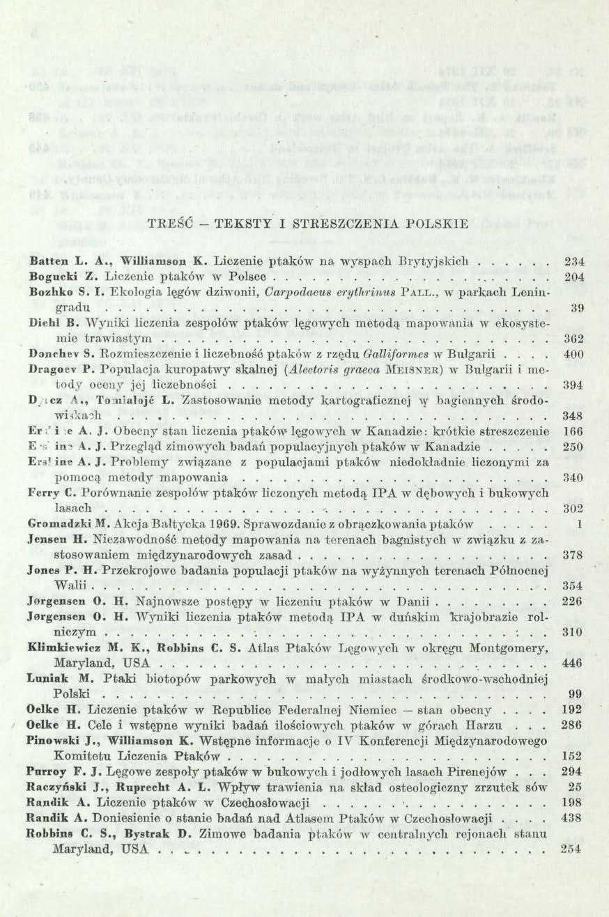 TREŚĆ - TEKSTY I STRESZCZENIA POLSKIE Batten L, A., 'Williamson K. Liczenie ptaków na wyspacli Brytj'jsldcli 234 Bogucki Z. Liczenie ptaków w Polsce 204 Bozhko S. I. Ekologia lęgów dziwonii, Oarpodaeus erythrinus PALL.
