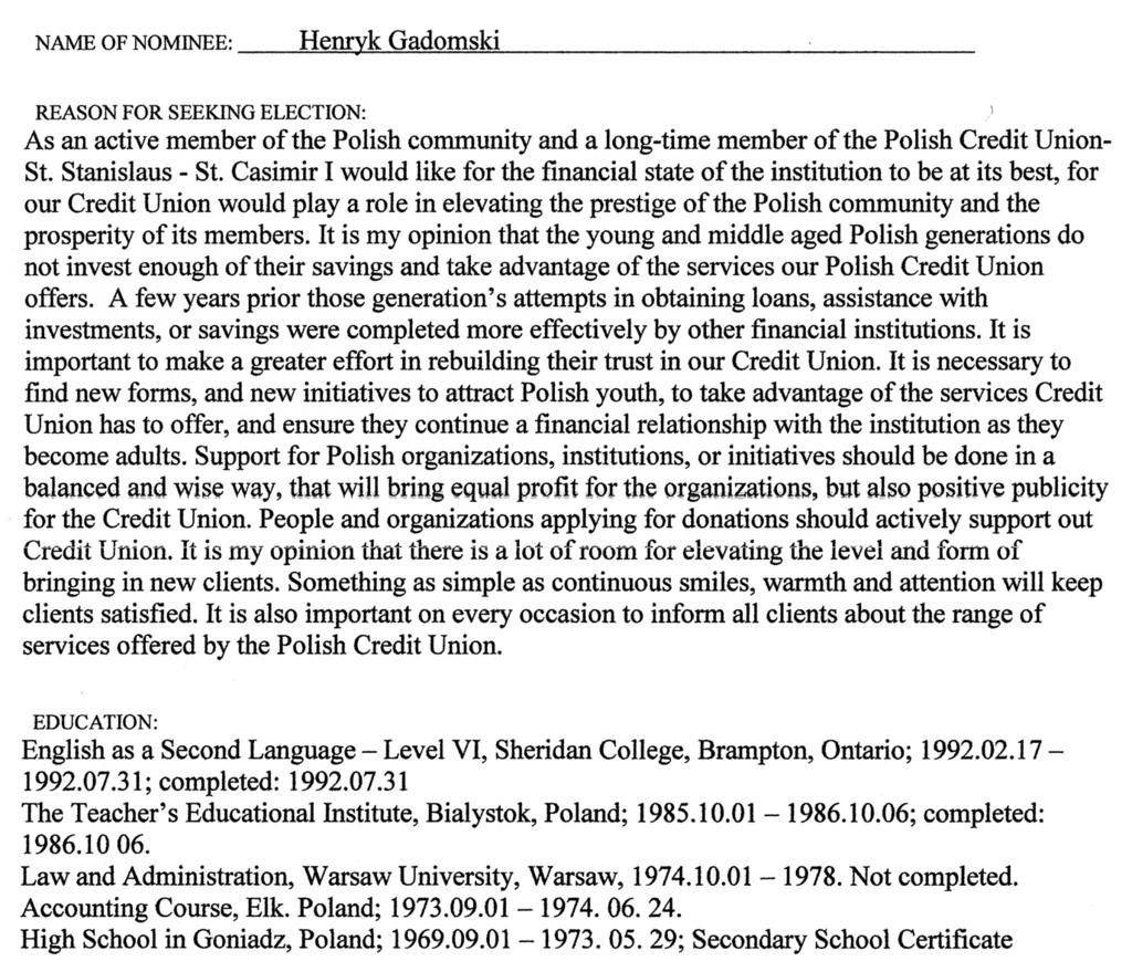 NOMINEE FOR THE POSITION OF DIRECTOR TO