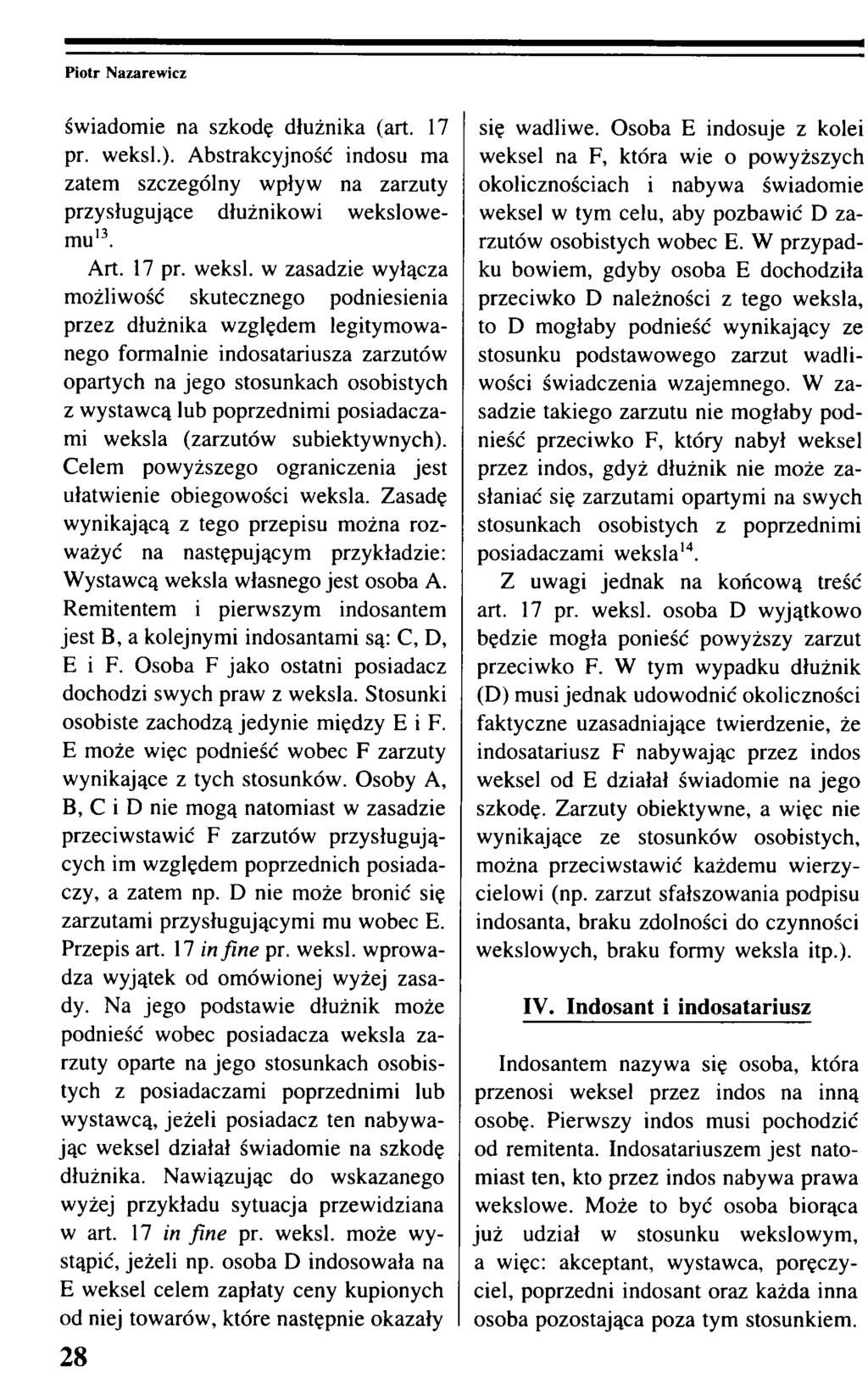świadomie na szkodę dłużnika (art. 17 pr. weksl.