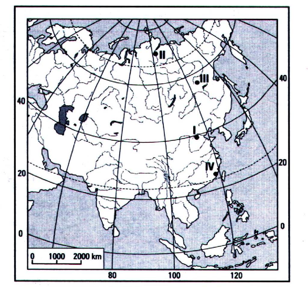 Zadanie 13. (0 1) W tabeli podano dane klimatyczne dwóch stacji meteorologicznych zaznaczonych na mapie. Stacje meteorologiczne na mapie zaznaczono numerami od I do IV.
