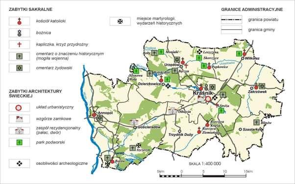 Mapa 5 Walory kulturowe w powiecie kraśnickim Źródło: Strategia Rozwoju Powiatu Kraśnickiego na lata 2007-2015 Najcenniejszymi obiektami zabytkowymi, jakie zachowały się w Kraśniku są: - Kościół