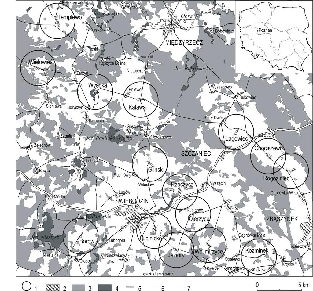 Ryc. 2. Rozmieszczenie obiektów badawczych. Objaśnienia: 1 obszary badań, 2 małe miasta, 3 lasy, 4 jeziora, 5 główna droga, 6 drogi gminne, 7 cieki wodne.