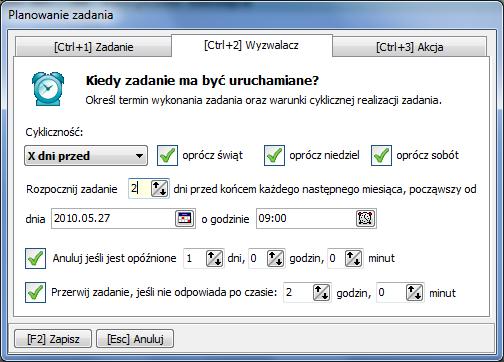 Aby pracownik nie został zaskoczony nagłym zamknięciem miesiąca można zdefiniować kolejne zadanie którego celem będzie informowanie o zbliżającym się terminie zamknięcia miesiąca. W tym celu: 1.