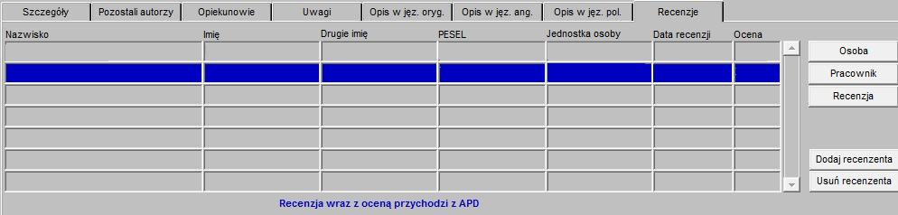 W zakładce Opiekunowie dodać promotora. Jeśli również promotor powinien mieć możliwość wystawienia recenzji w APD, to należy go dodać do listy recenzentów klikając na przycisk Dodaj jako recenz. 8 8.