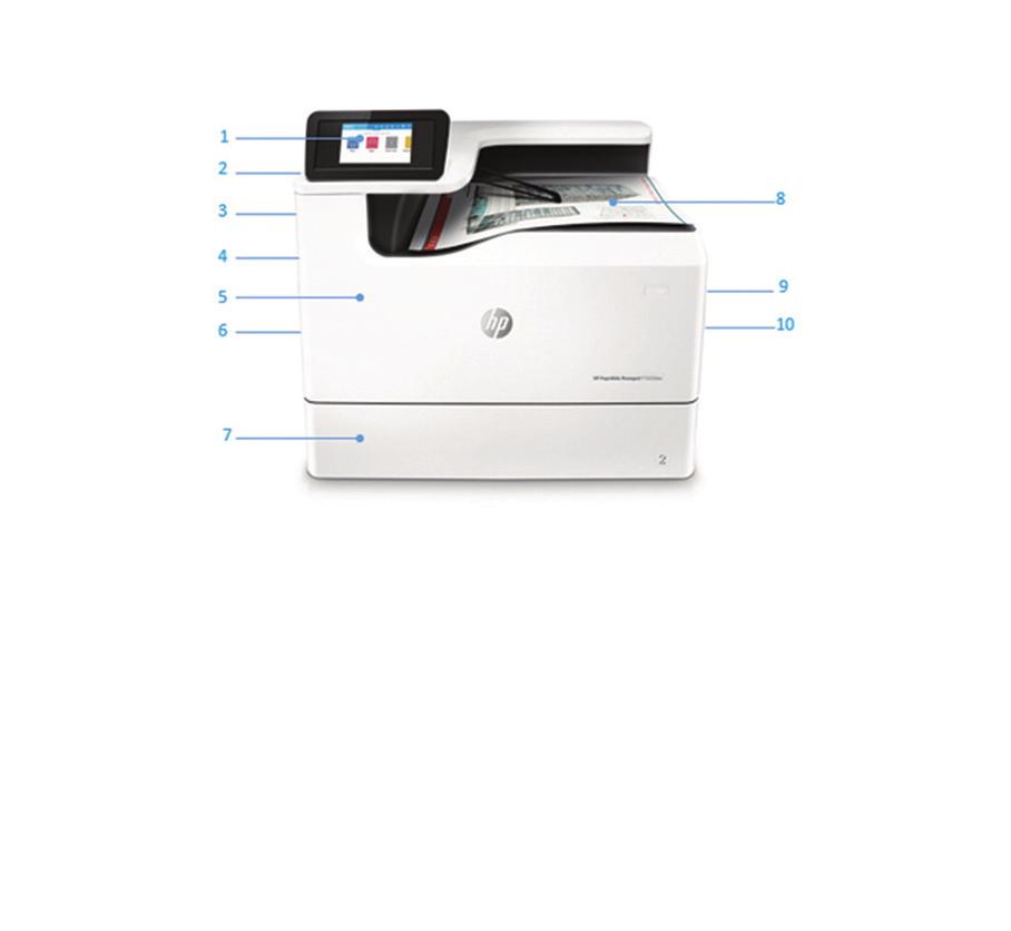 Przegląd produktu Pokazano drukarkę HP PageWide Managed P75050dw 1. Kolorowy ekran dotykowy o przekątnej 10,9 cm 2. Łatwo dostępny port USB 3.