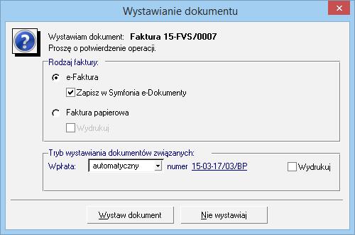 Rys. 99 Okno Wystawianie dokumentu (Zgoda domniemana włączona). 3. Użytkownik na umowę z serwisem miedzyfirmami.pl: Można wysyłać dokumenty do serwisu lub według ustawień programu. 8.4.