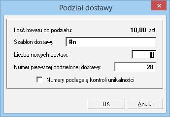 Rys. 29 Okno Podział dostawy. Pola Szablon dostawy i Numer pierwszej podzielonej dostawy ułatwiają określenie numeracji tworzonych w ten sposób dostaw.