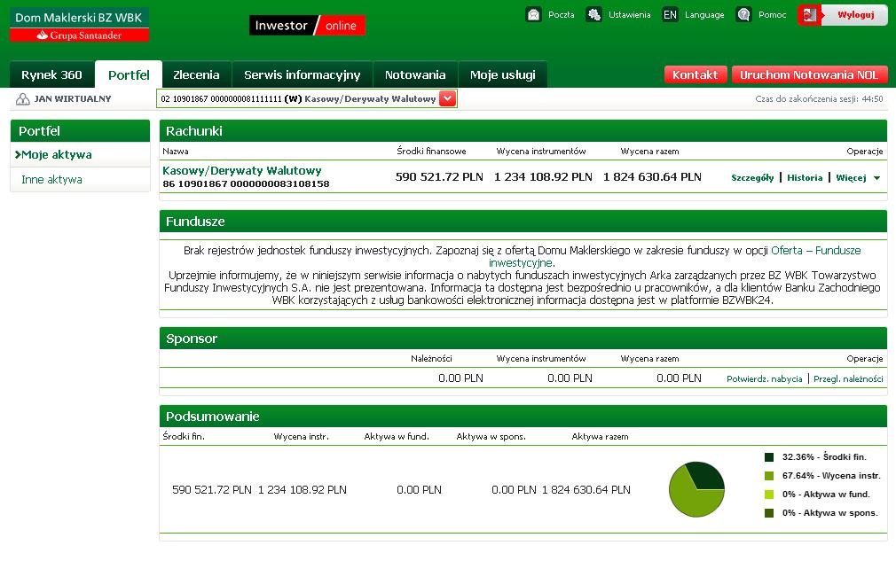 Portfel Opcja Portfel umożliwia uzyskanie informacji o aktywach na rachunkach, w funduszach inwestycyjnych (z wyłączeniem funduszy Arka) oraz w rejestrach sponsora emisji.